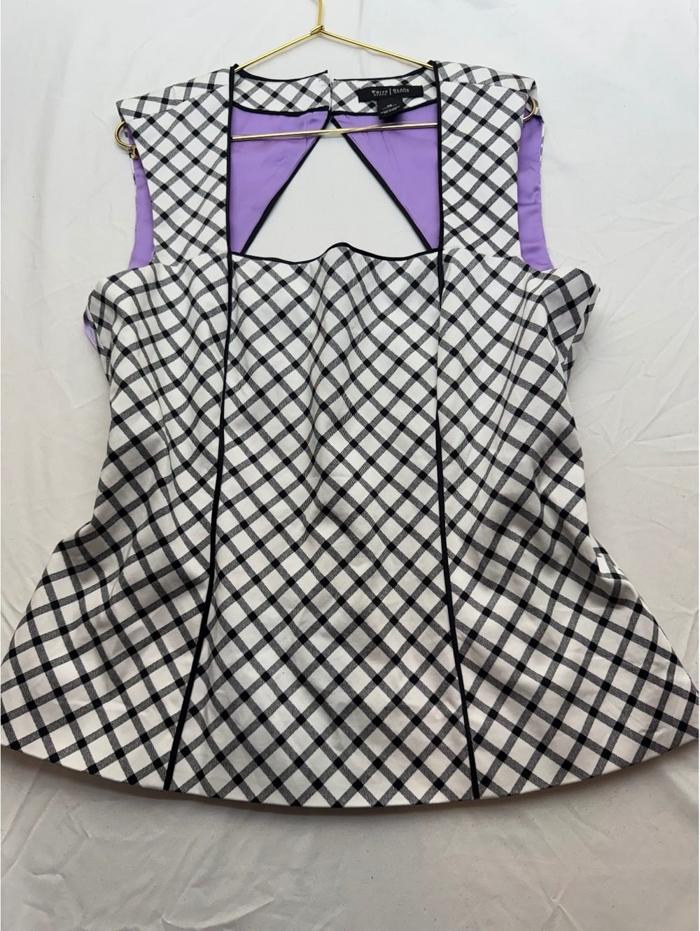 White House Black Market Plaid Keyhole Peplum Blouse Top Purple Lining sz 14